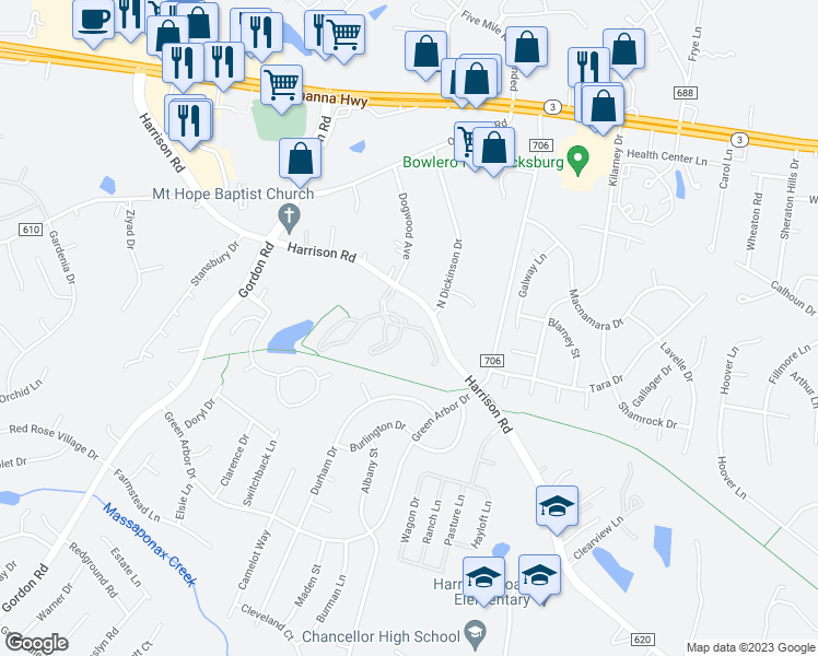 map of restaurants, bars, coffee shops, grocery stores, and more near 6598 Charmed Way in Fredericksburg