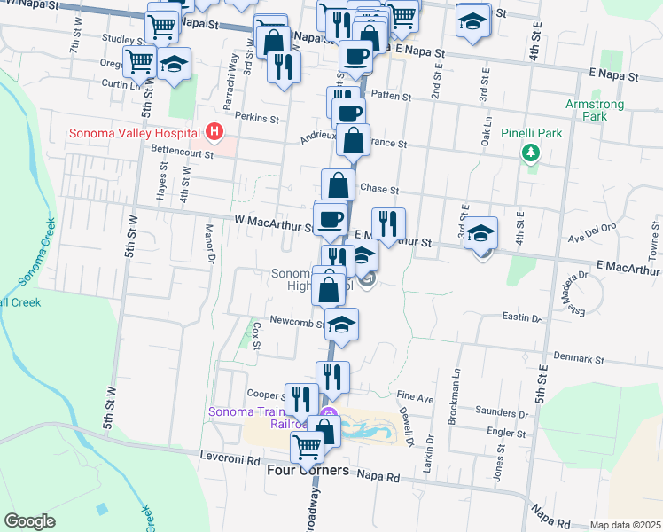 map of restaurants, bars, coffee shops, grocery stores, and more near 1006 1st Street West in Sonoma