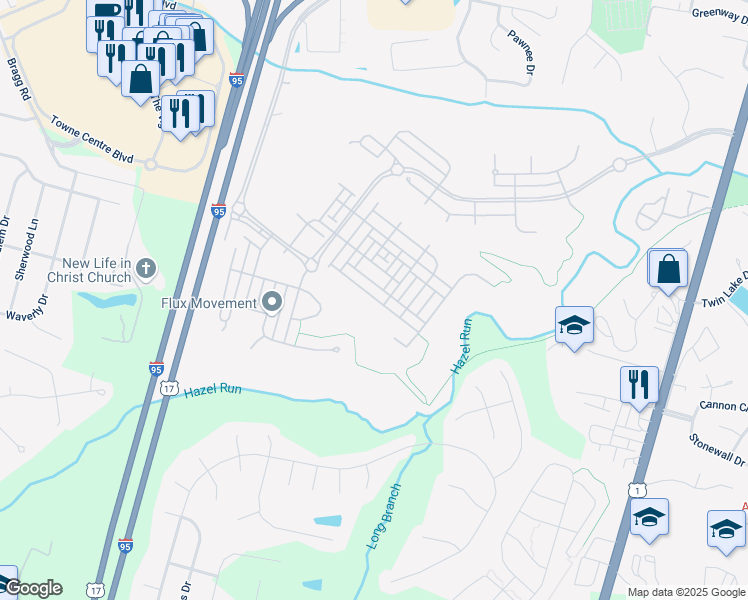 map of restaurants, bars, coffee shops, grocery stores, and more near 1202 Graham Drive in Fredericksburg
