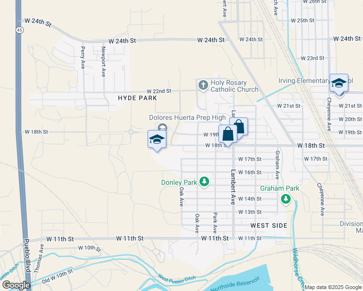 map of restaurants, bars, coffee shops, grocery stores, and more near 2500 West 18th Street in Pueblo