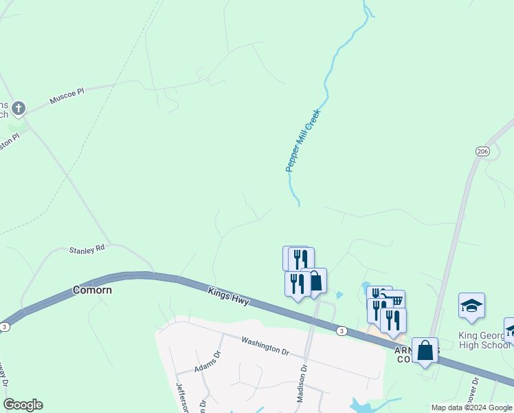 map of restaurants, bars, coffee shops, grocery stores, and more near 7405 Ambassador Drive in King George