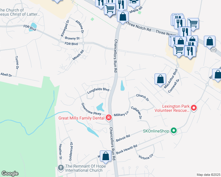 map of restaurants, bars, coffee shops, grocery stores, and more near 22503 East Maxine Way in Great Mills