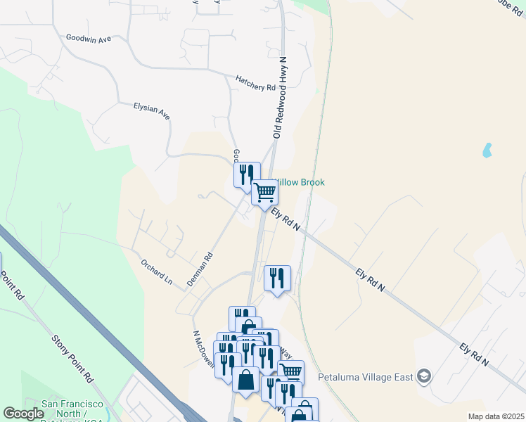 map of restaurants, bars, coffee shops, grocery stores, and more near 5500 Old Redwood Highway in Petaluma
