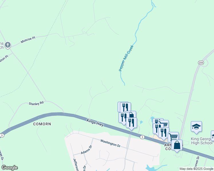 map of restaurants, bars, coffee shops, grocery stores, and more near 7405 Ambassador Drive in King George
