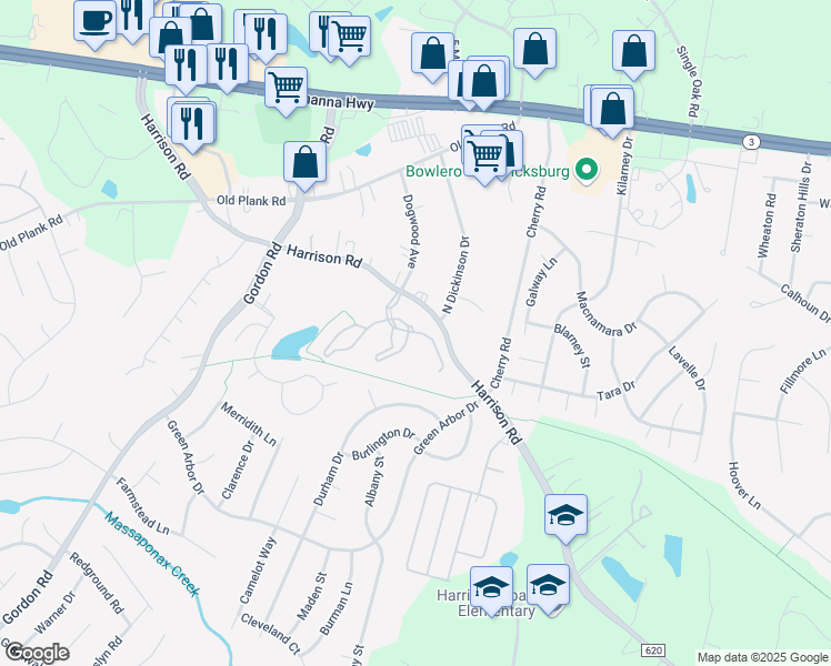 map of restaurants, bars, coffee shops, grocery stores, and more near Charmed Way in Fredericksburg