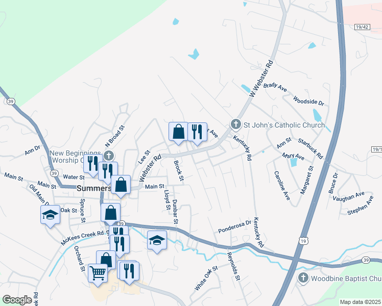 map of restaurants, bars, coffee shops, grocery stores, and more near 1400 Webster Road in Summersville