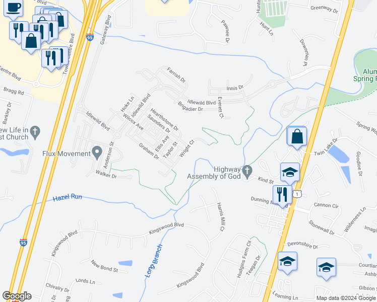 map of restaurants, bars, coffee shops, grocery stores, and more near 1102 Wright Court in Fredericksburg