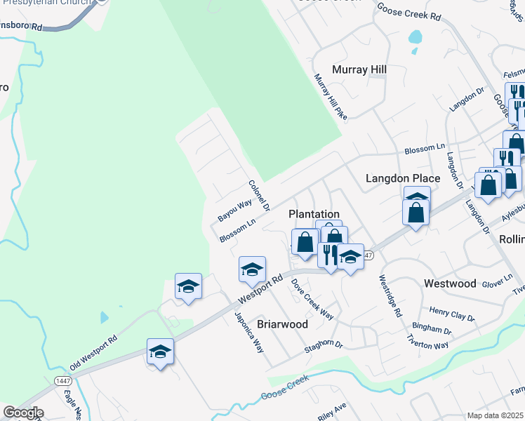 map of restaurants, bars, coffee shops, grocery stores, and more near 8512 Blossom Lane in Louisville