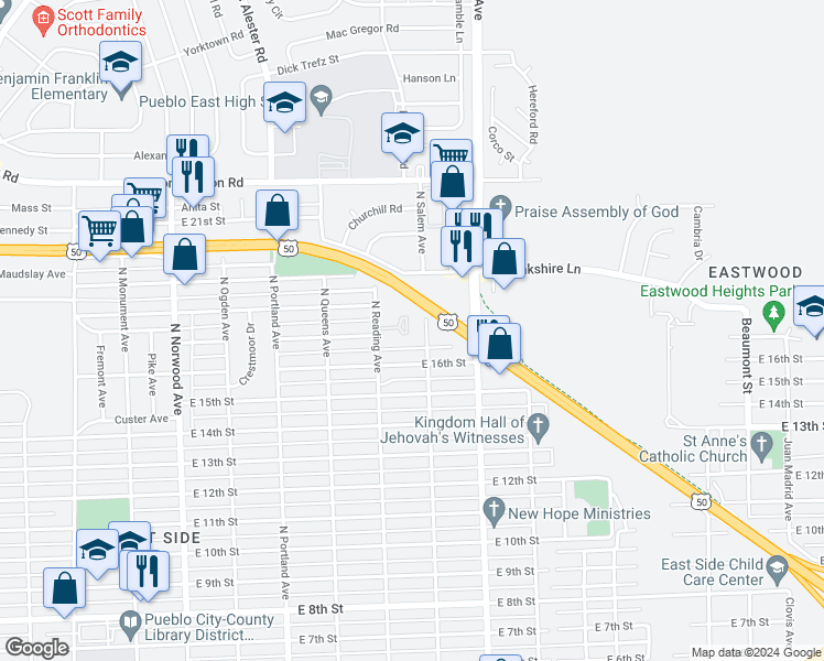 map of restaurants, bars, coffee shops, grocery stores, and more near 1601-1699 North Salem Avenue in Pueblo