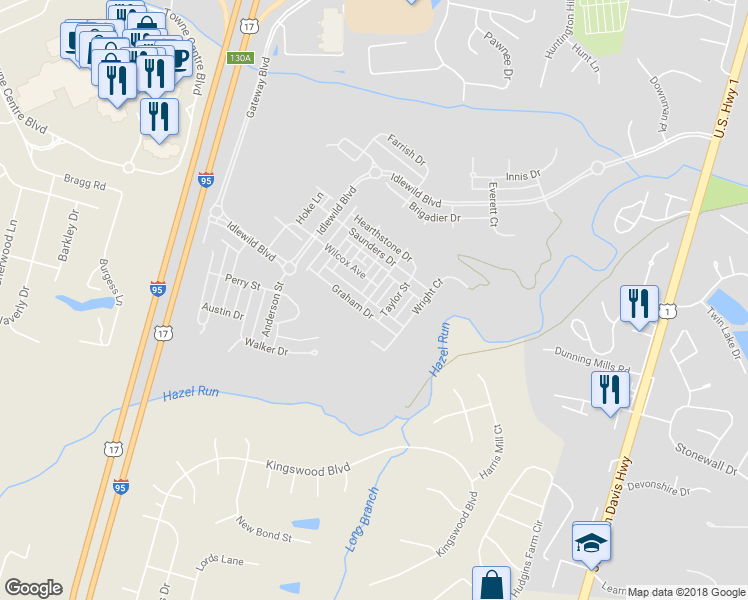 map of restaurants, bars, coffee shops, grocery stores, and more near 1212 Ellis Avenue in Fredericksburg