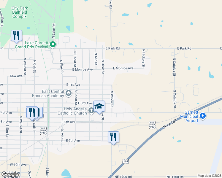 map of restaurants, bars, coffee shops, grocery stores, and more near 200-248 South Willow Street in Garnett