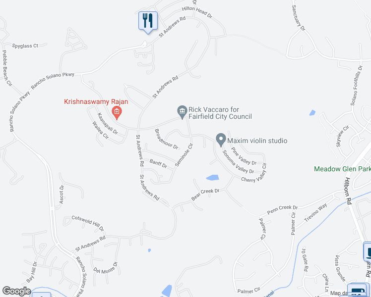 map of restaurants, bars, coffee shops, grocery stores, and more near 3220 Broadmoor Drive in Fairfield