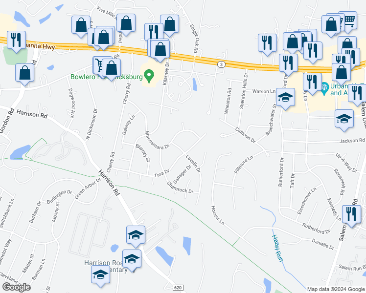 map of restaurants, bars, coffee shops, grocery stores, and more near 5 Lavelle Drive in Fredericksburg