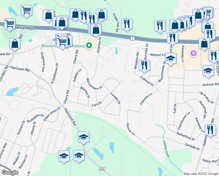 map of restaurants, bars, coffee shops, grocery stores, and more near 5 Lavelle Drive in Fredericksburg