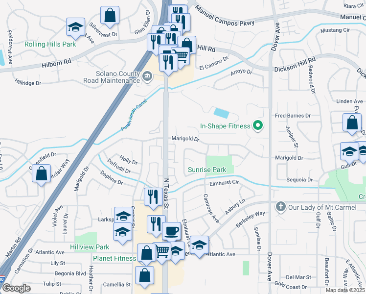 map of restaurants, bars, coffee shops, grocery stores, and more near 365 Arlington Circle in Fairfield