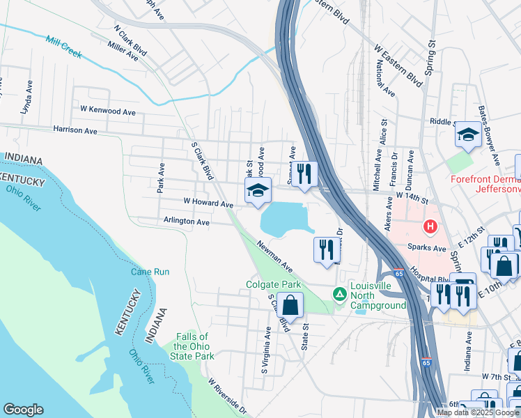 map of restaurants, bars, coffee shops, grocery stores, and more near 18 Lakeshore Drive in Clarksville
