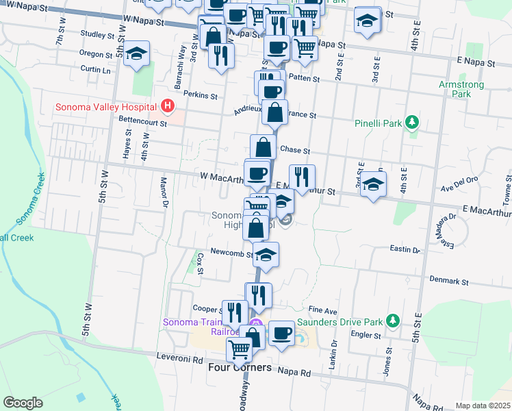 map of restaurants, bars, coffee shops, grocery stores, and more near 963 Broadway in Sonoma