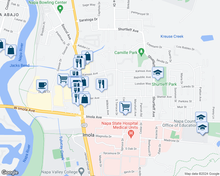 map of restaurants, bars, coffee shops, grocery stores, and more near 1082 Shetler Avenue in Napa
