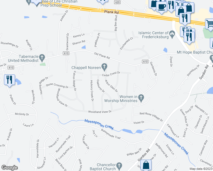 map of restaurants, bars, coffee shops, grocery stores, and more near 11906 Arbor Glen Drive in Fredericksburg
