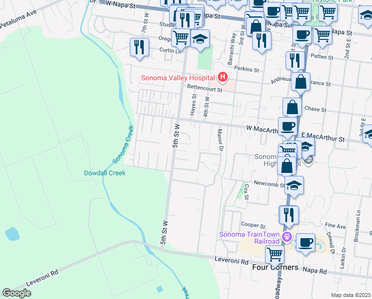 map of restaurants, bars, coffee shops, grocery stores, and more near 468 Brownstone Lane in Sonoma