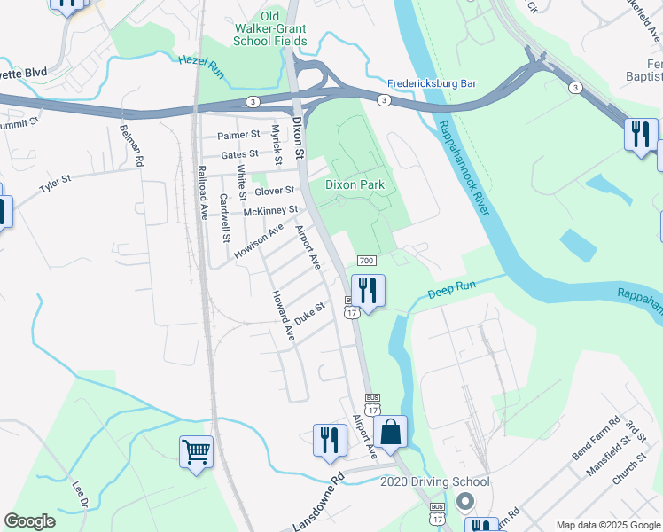 map of restaurants, bars, coffee shops, grocery stores, and more near 1611 Airport Avenue in Fredericksburg