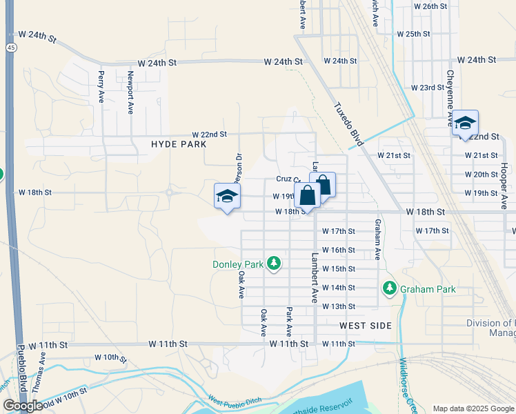 map of restaurants, bars, coffee shops, grocery stores, and more near 2343 West 19th Street in Pueblo