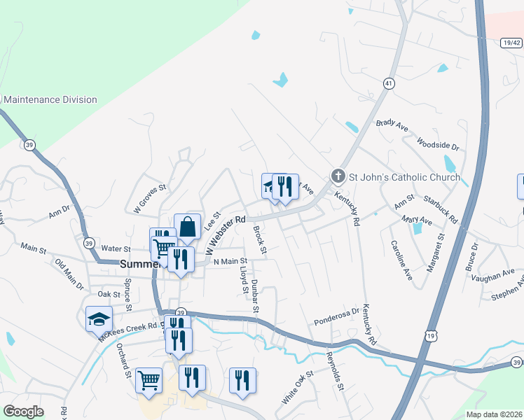 map of restaurants, bars, coffee shops, grocery stores, and more near 1313 Cherry Street in Summersville