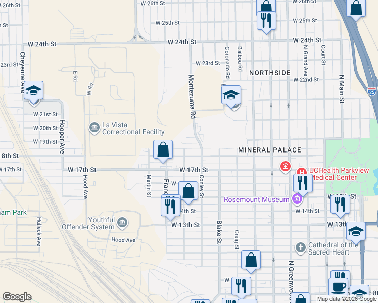 map of restaurants, bars, coffee shops, grocery stores, and more near 1015 West 19th Street in Pueblo