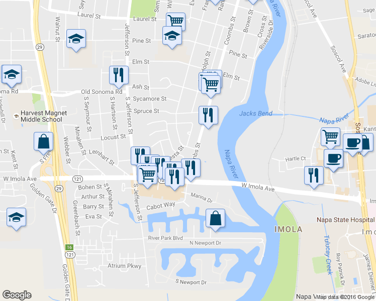 map of restaurants, bars, coffee shops, grocery stores, and more near 14 Arboreo Street in Napa