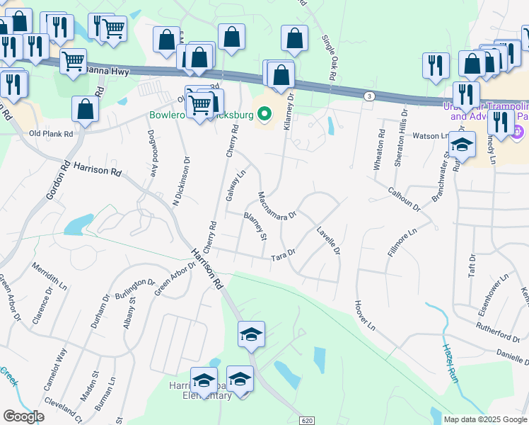 map of restaurants, bars, coffee shops, grocery stores, and more near 5087 Macnamara Drive in Fredericksburg