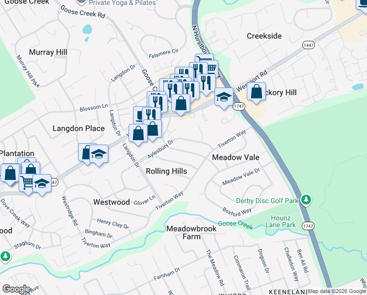 map of restaurants, bars, coffee shops, grocery stores, and more near 9501 Aylesbury Drive in Louisville