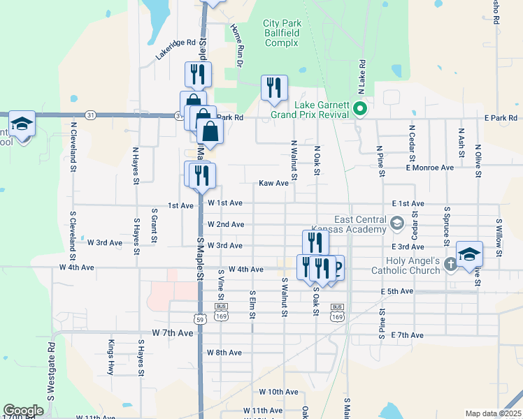 map of restaurants, bars, coffee shops, grocery stores, and more near 201-299 W 1st Ave in Garnett