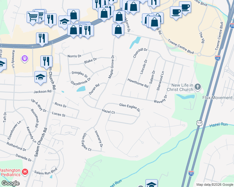 map of restaurants, bars, coffee shops, grocery stores, and more near 3517 Waverly Drive in Fredericksburg