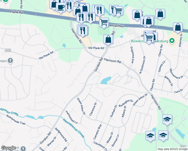 map of restaurants, bars, coffee shops, grocery stores, and more near 6611 Twin Cedars Court in Fredericksburg