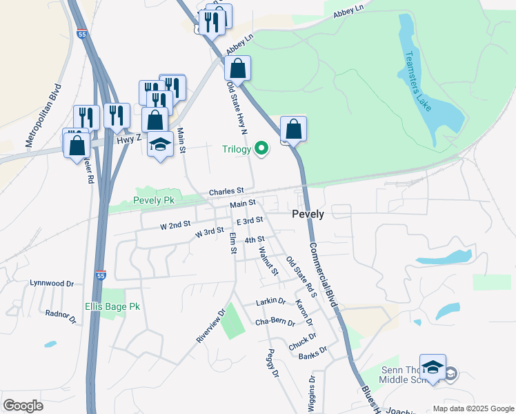 map of restaurants, bars, coffee shops, grocery stores, and more near 305 Main Street in Pevely
