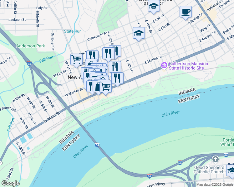 map of restaurants, bars, coffee shops, grocery stores, and more near 310 East Main Street in New Albany