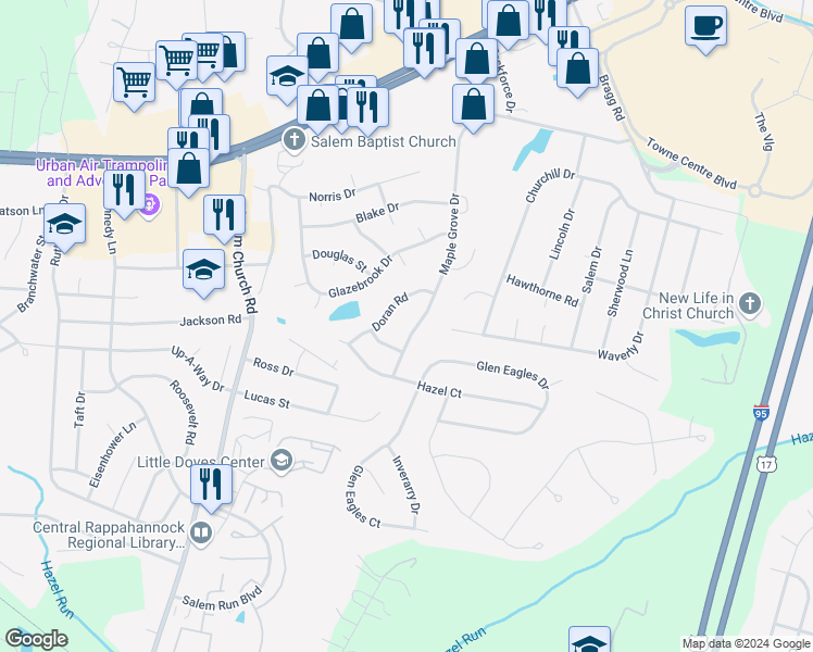 map of restaurants, bars, coffee shops, grocery stores, and more near 604 Maple Grove Drive in Fredericksburg
