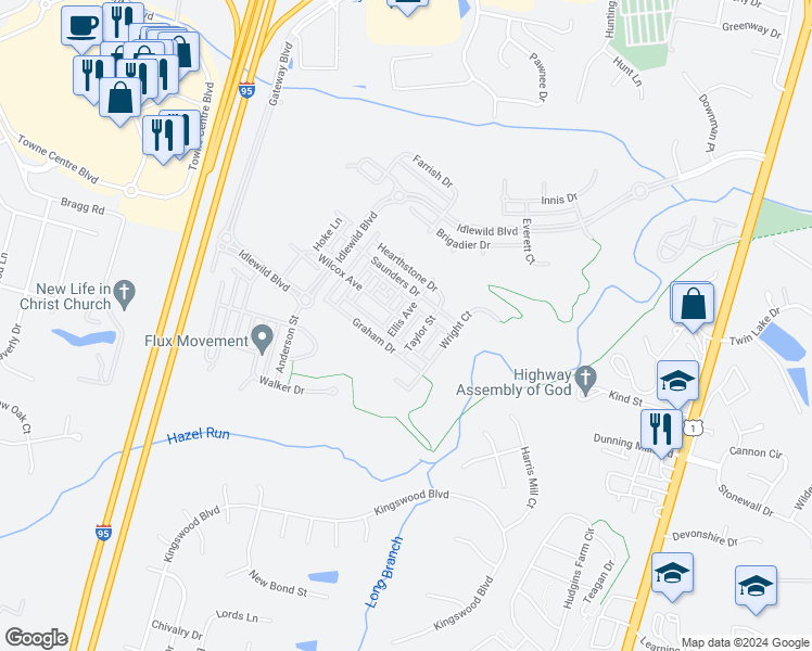 map of restaurants, bars, coffee shops, grocery stores, and more near 1200 Ellis Avenue in Fredericksburg