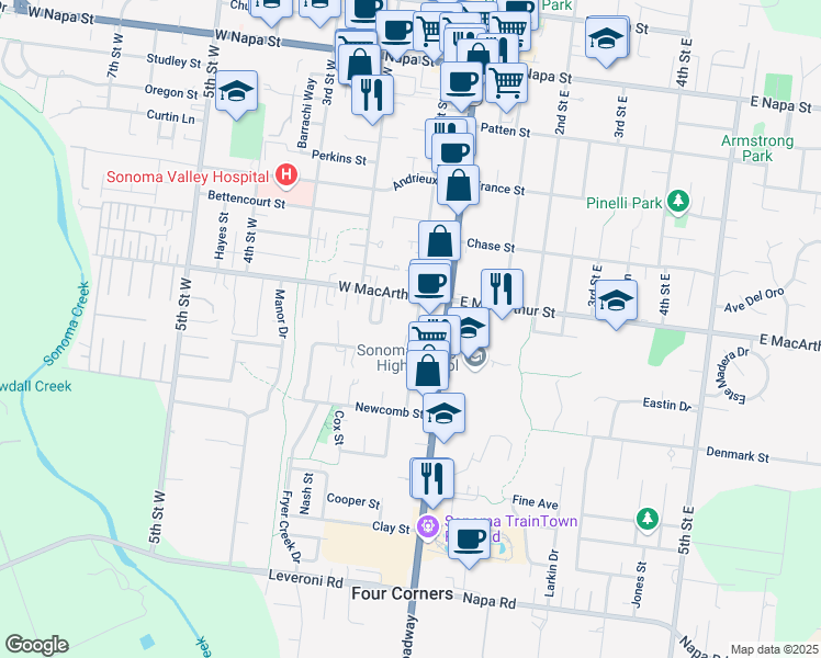 map of restaurants, bars, coffee shops, grocery stores, and more near 920 1st Street West in Sonoma