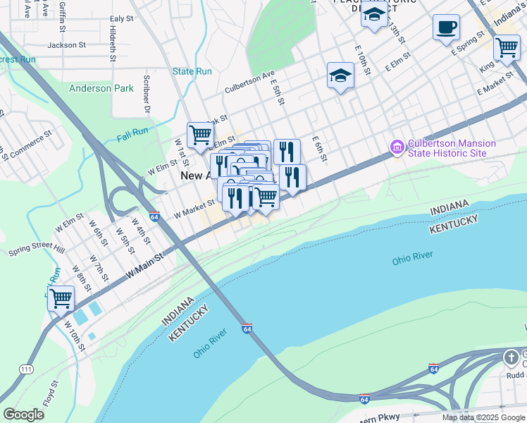 map of restaurants, bars, coffee shops, grocery stores, and more near 205 Bank Street in New Albany