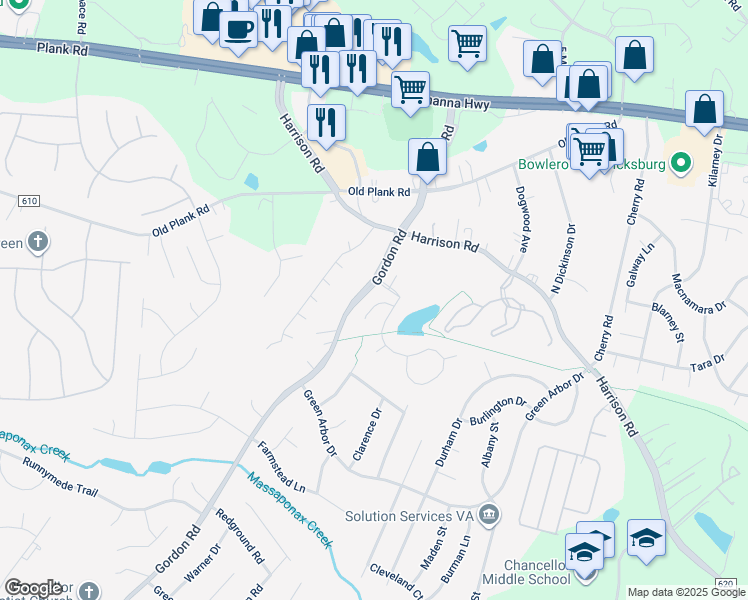 map of restaurants, bars, coffee shops, grocery stores, and more near 6609 Twin Cedars Court in Fredericksburg