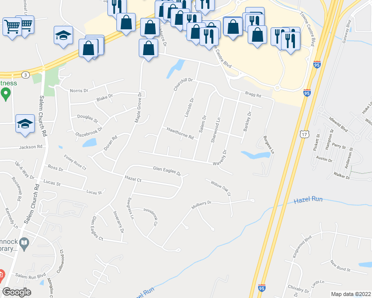 map of restaurants, bars, coffee shops, grocery stores, and more near 3 Wilson Court in Fredericksburg