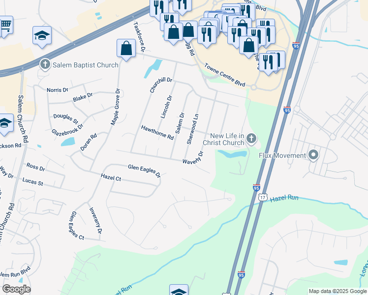 map of restaurants, bars, coffee shops, grocery stores, and more near 708 Sherwood Lane in Fredericksburg