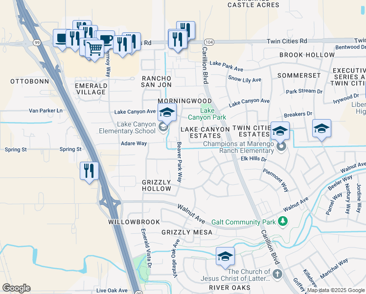 map of restaurants, bars, coffee shops, grocery stores, and more near 980 Beaver Park Way in Galt