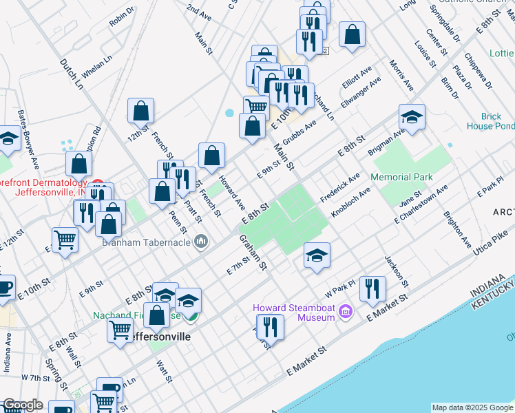 map of restaurants, bars, coffee shops, grocery stores, and more near 821 Morningside Drive in Jeffersonville
