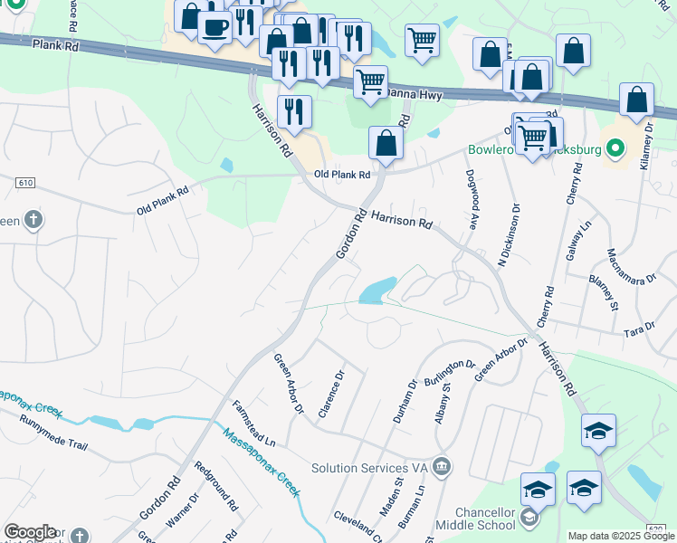 map of restaurants, bars, coffee shops, grocery stores, and more near 6609 Twin Cedars Court in Fredericksburg