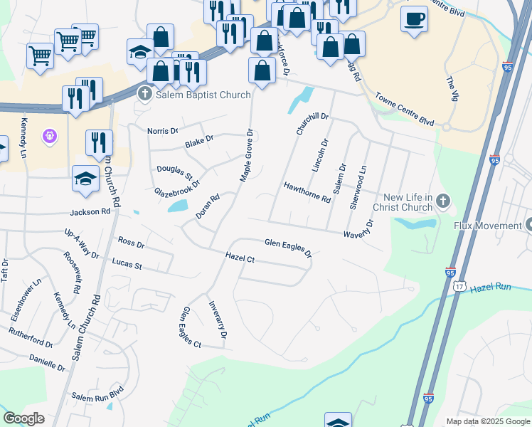 map of restaurants, bars, coffee shops, grocery stores, and more near 700 Churchill Drive in Fredericksburg