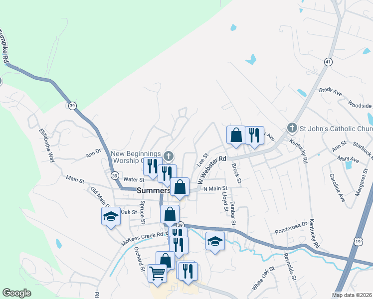 map of restaurants, bars, coffee shops, grocery stores, and more near 815 Williams Street in Summersville