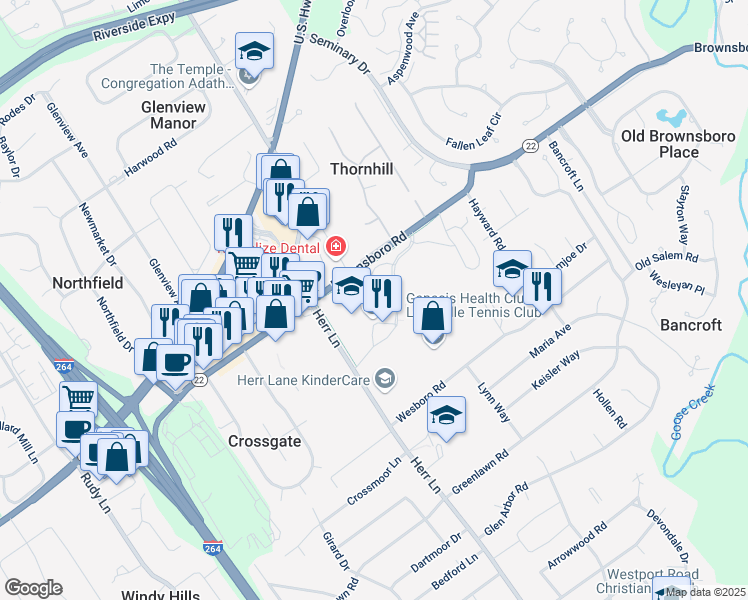 map of restaurants, bars, coffee shops, grocery stores, and more near 6000 Brownsboro Road in Louisville