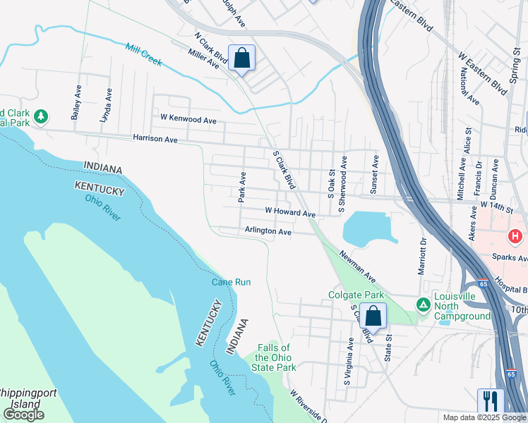 map of restaurants, bars, coffee shops, grocery stores, and more near 419 West Howard Avenue in Clarksville